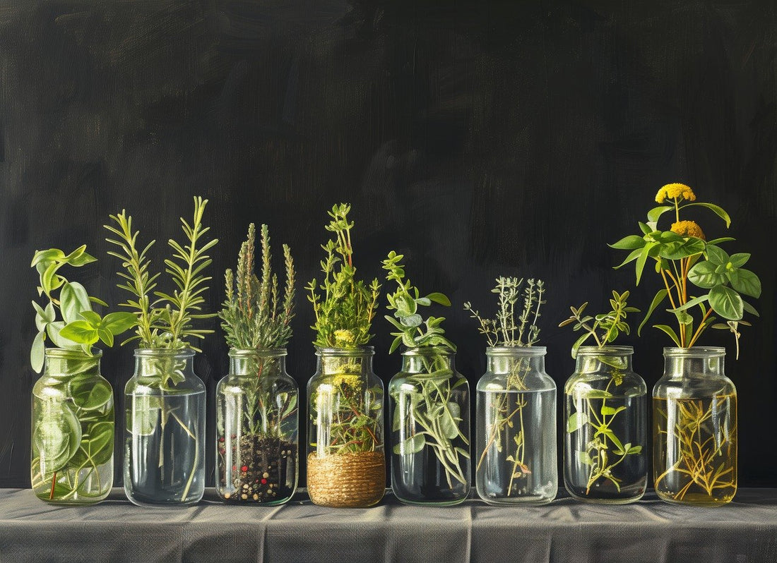 6 clear bottles holding different green herbs