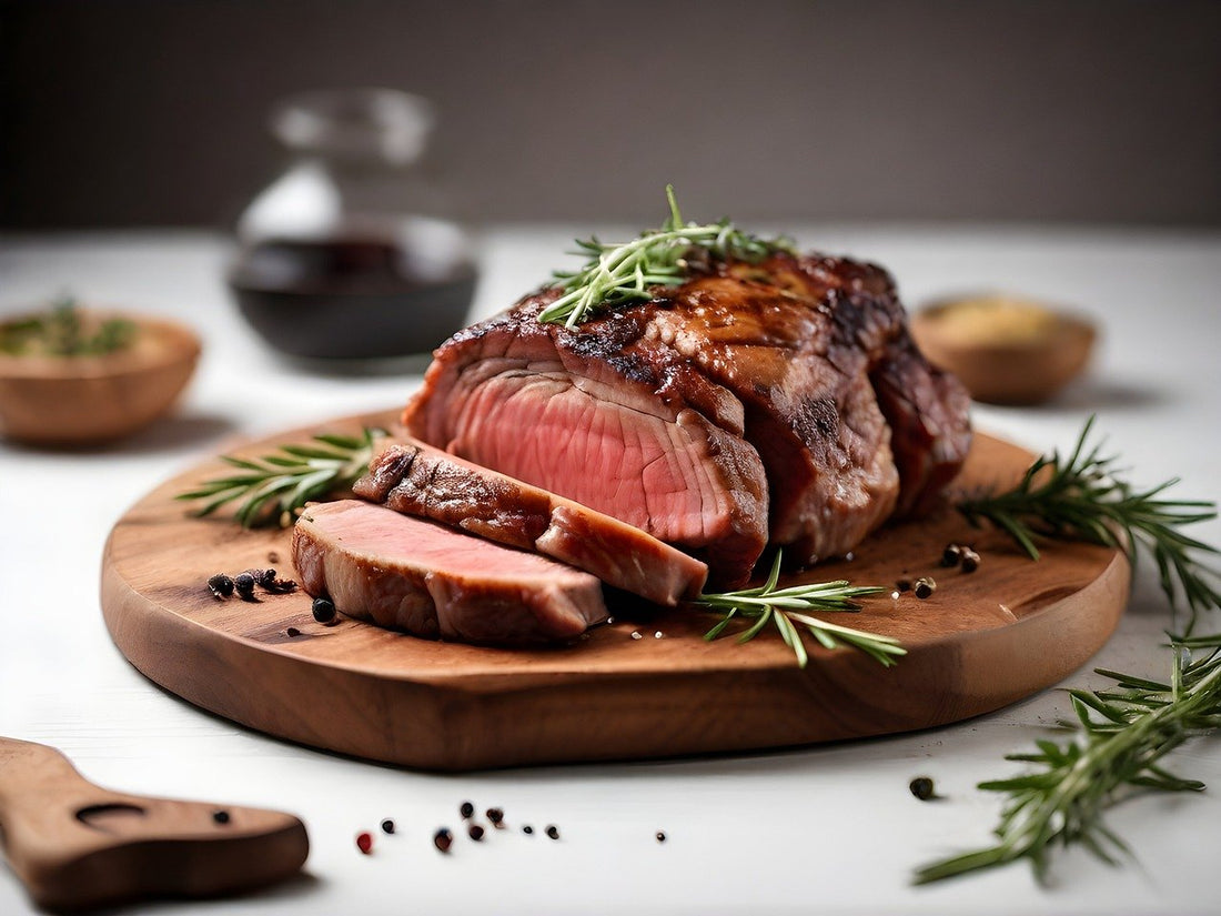 Sliced steak with a pink center setting on a wooden board surrounded by rosemary sprigs