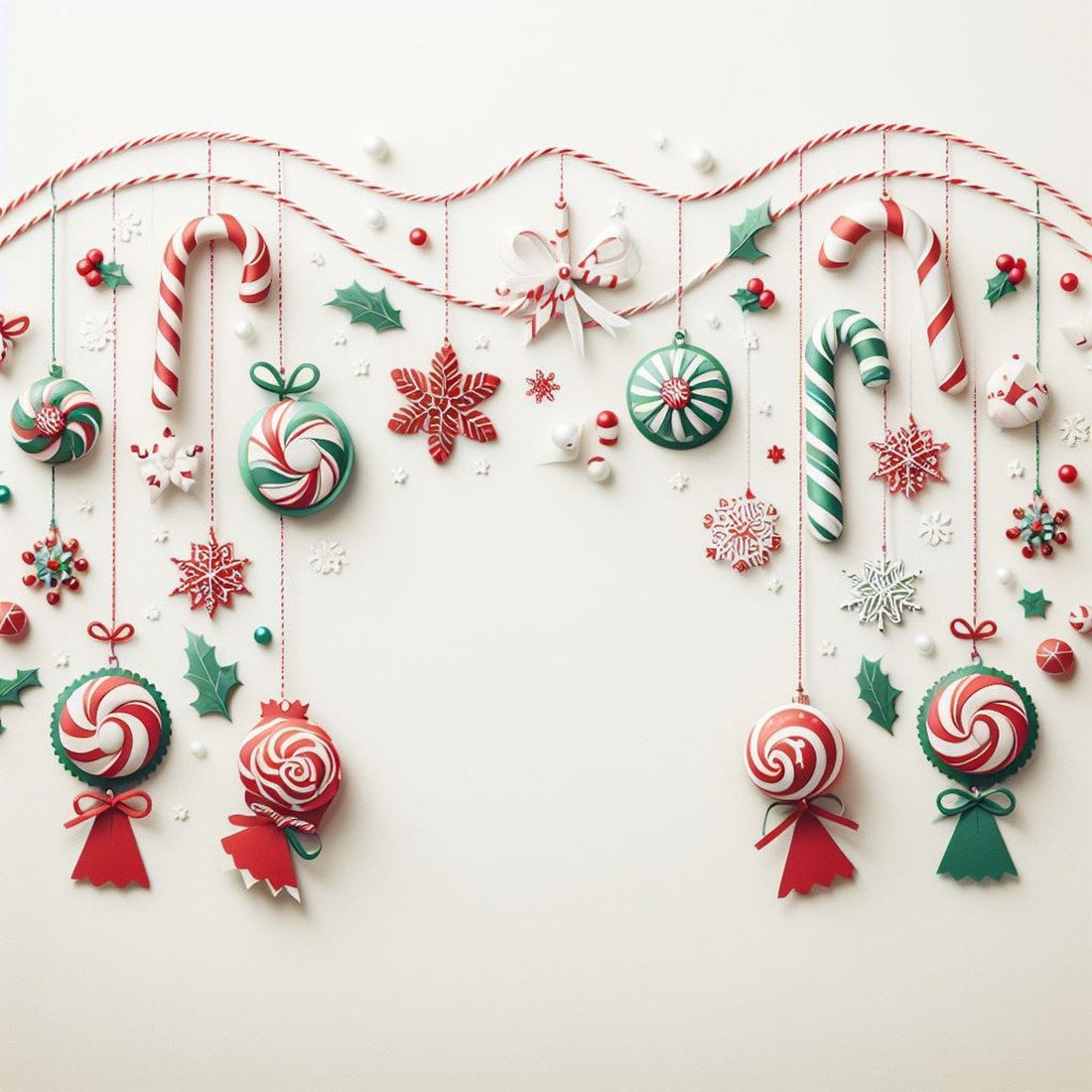 on a white background are numerous Christmas candies in red/green/white hanging from a wire