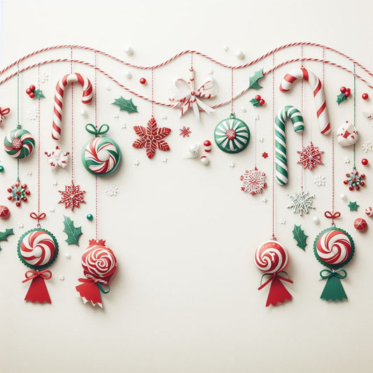 on a white background are numerous Christmas candies in red/green/white hanging from a wire