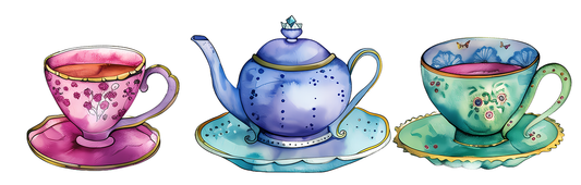 An illustration of a pastel blue teapot on a saucer with  a pink cup/saucer to the left and a green cup/saucer to the right