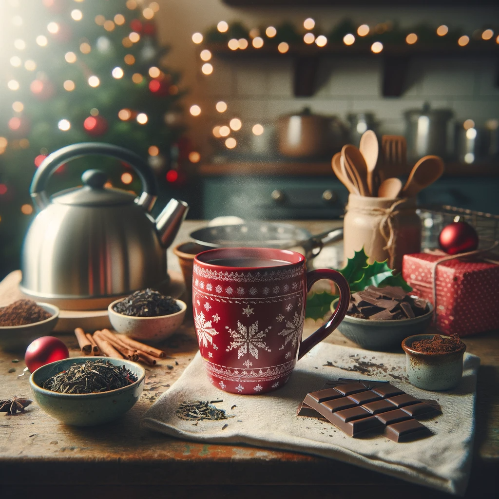 An Earl Grey Cream Hot Chocolate on a festive christmas table