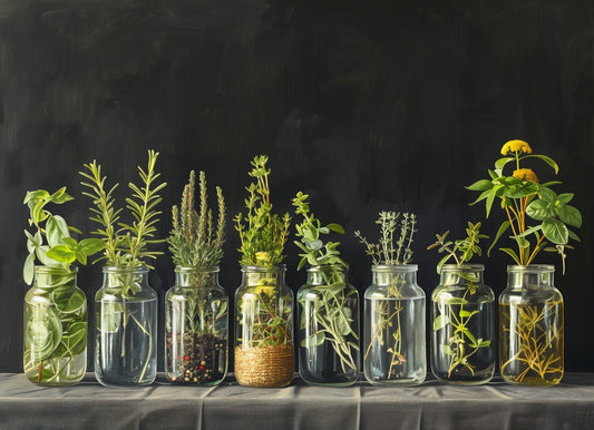 6 clear bottles holding different green herbs